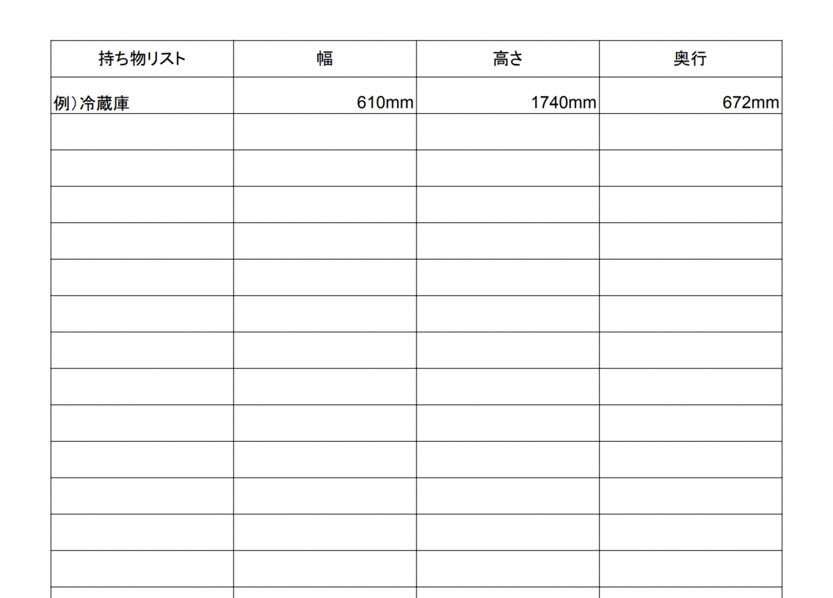 家電・家具など持ち物リスト